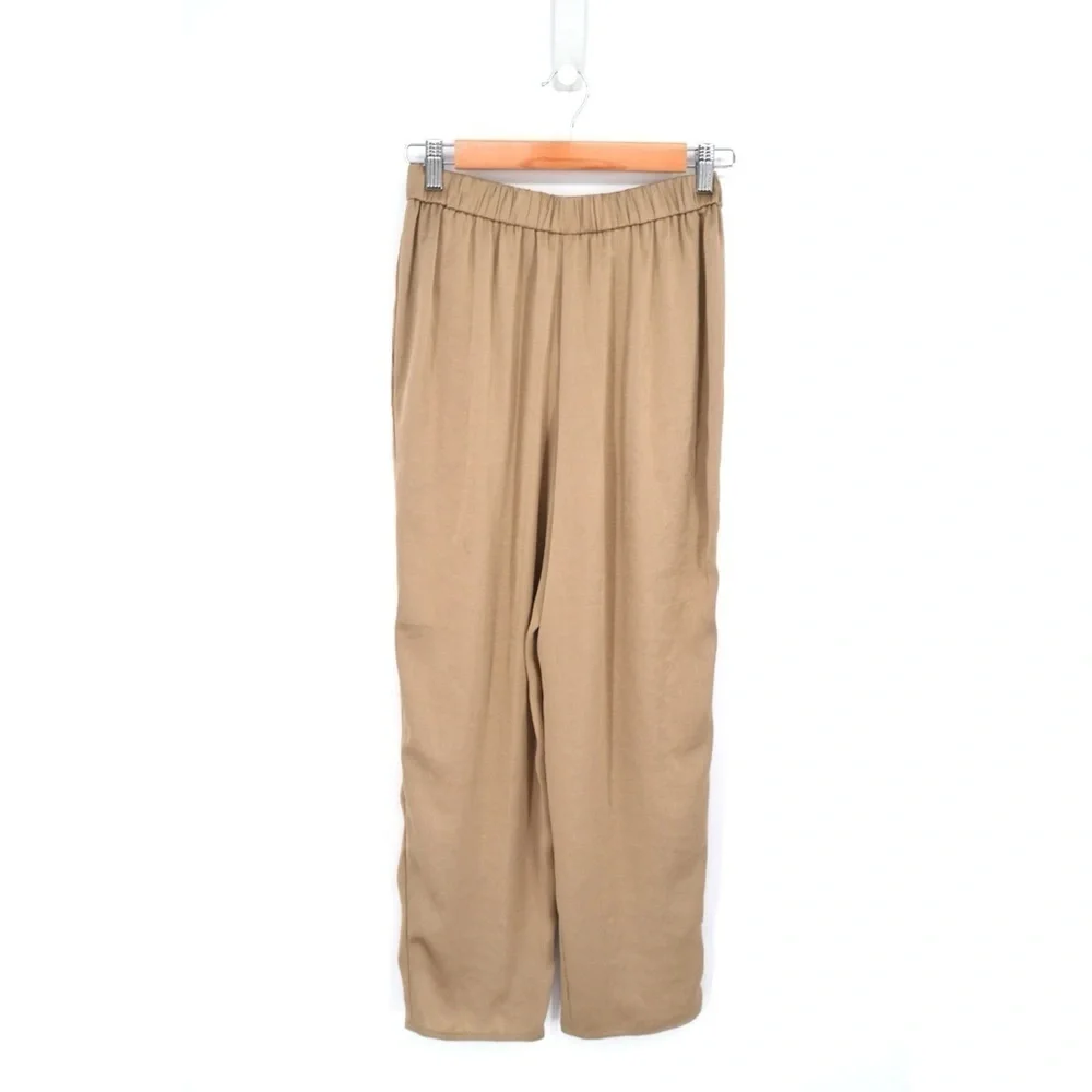 NEW Theory Pleated Carrot Trouser Pant Pull On Crushed Satin in Beige Women's 00 - Picture 7 of 9